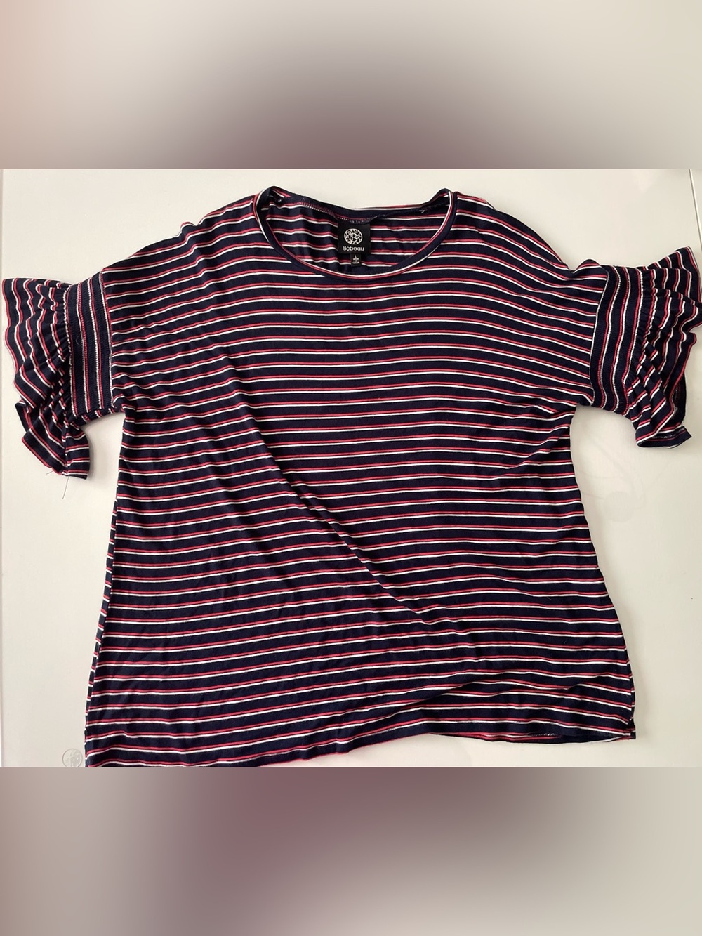 bobeau Navy Tee with Pink & White Stripes